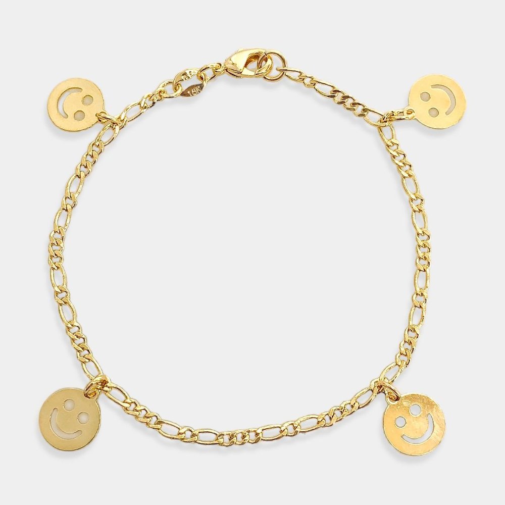 NEW 18K Gold Filled Figaro Bracelet with Happy Faces Charms - Picture 2 of 5